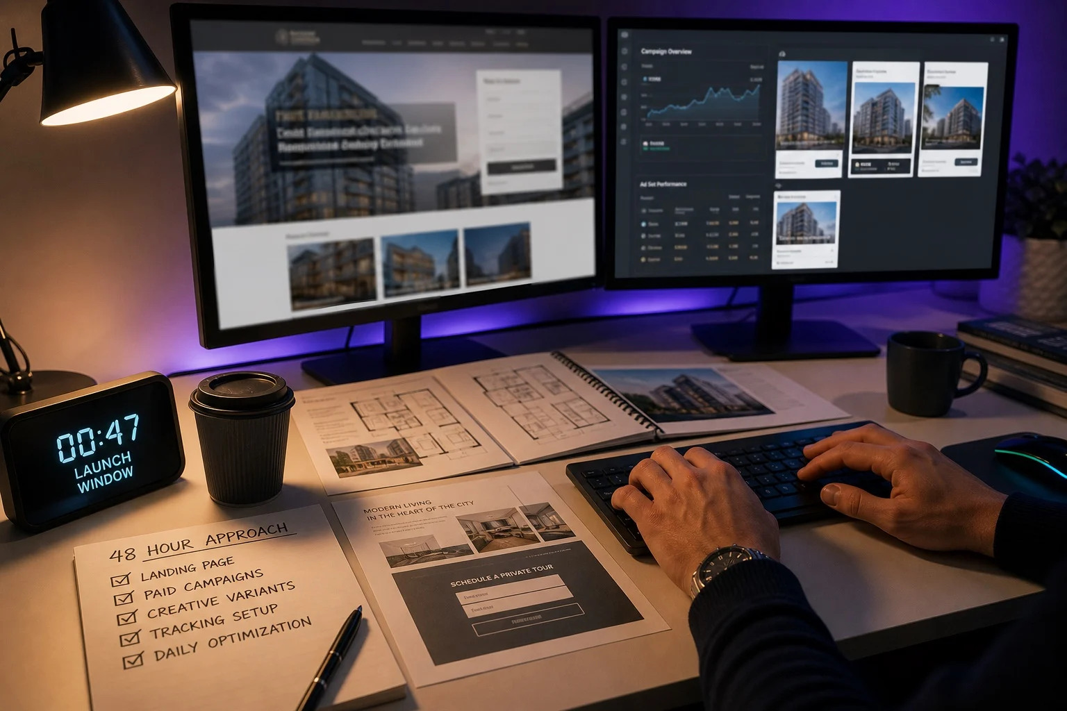 Late-night landing page and ad creative build on dual monitors with floorplans nearby.