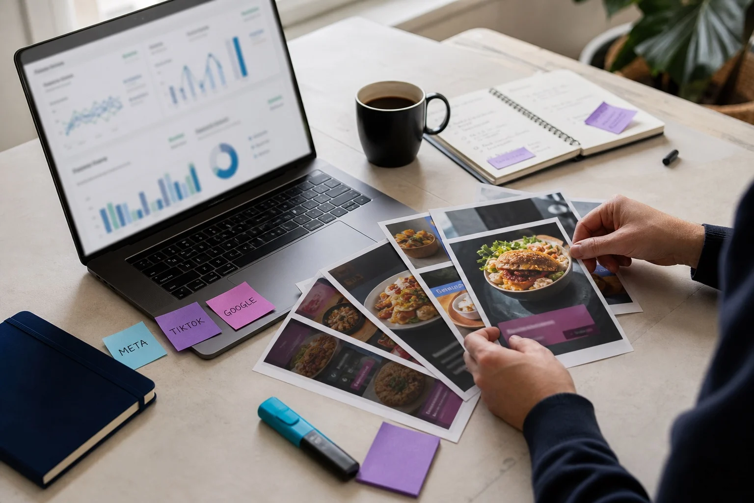 Growth desk with campaign printouts, channel notes, and a laptop used to reallocate paid media.