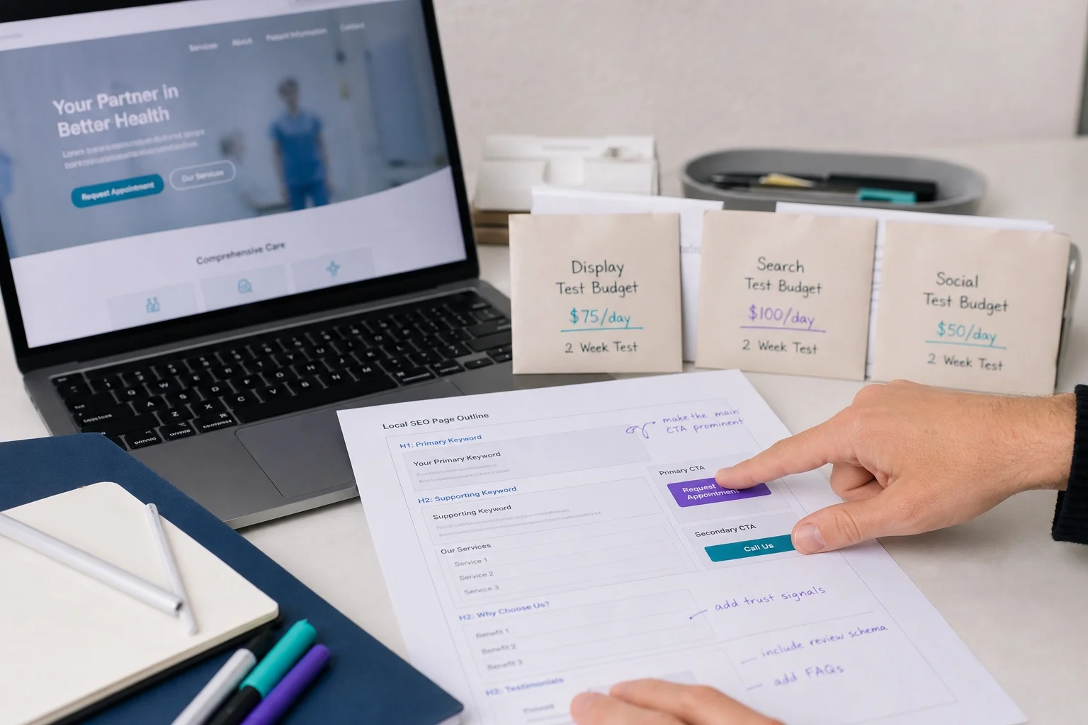 Clinic website rebuild desk with wireframes, SEO notes, and channel pilot planning.
