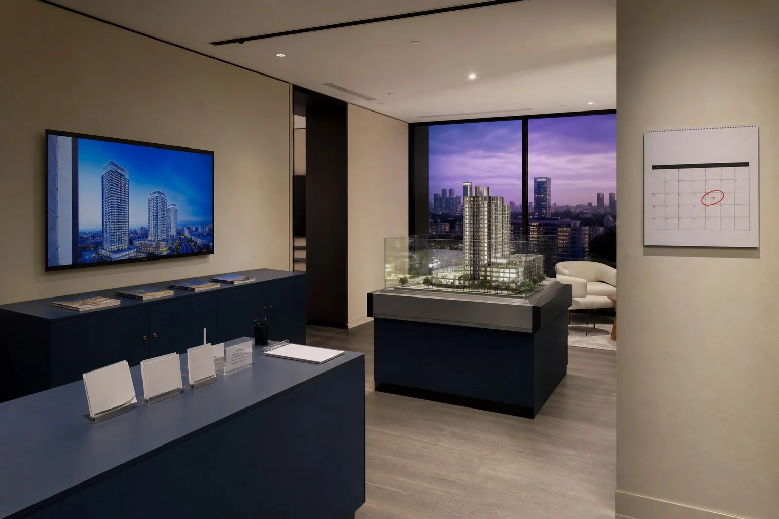 Quiet pre-construction sales gallery with an architectural model and sparse inquiry cards.