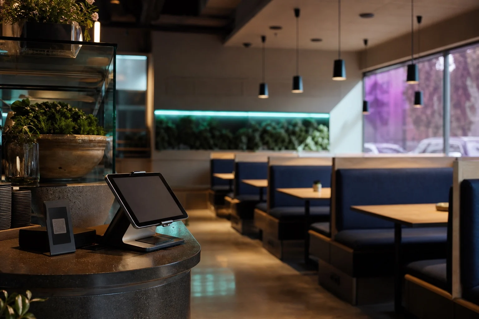 Quiet plant-based restaurant interior with unused digital ordering screens and empty booths.