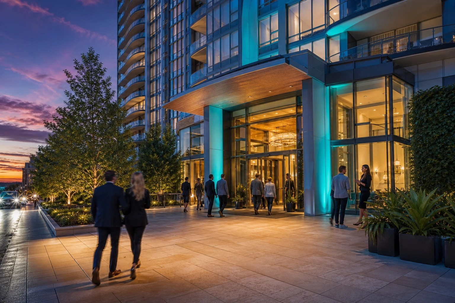 Twilight exterior of a modern condo tower with visitors arriving for an open house.