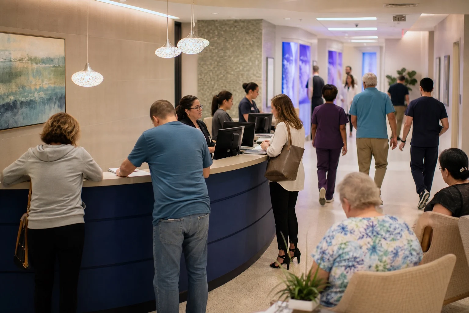 Busy diagnostic clinic reception with patients checking in and staff at computers.