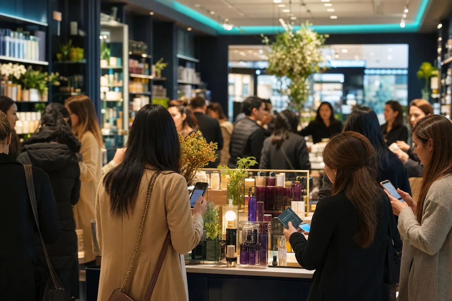 Crowded specialty retail floor with shoppers using phones and loyalty cards.