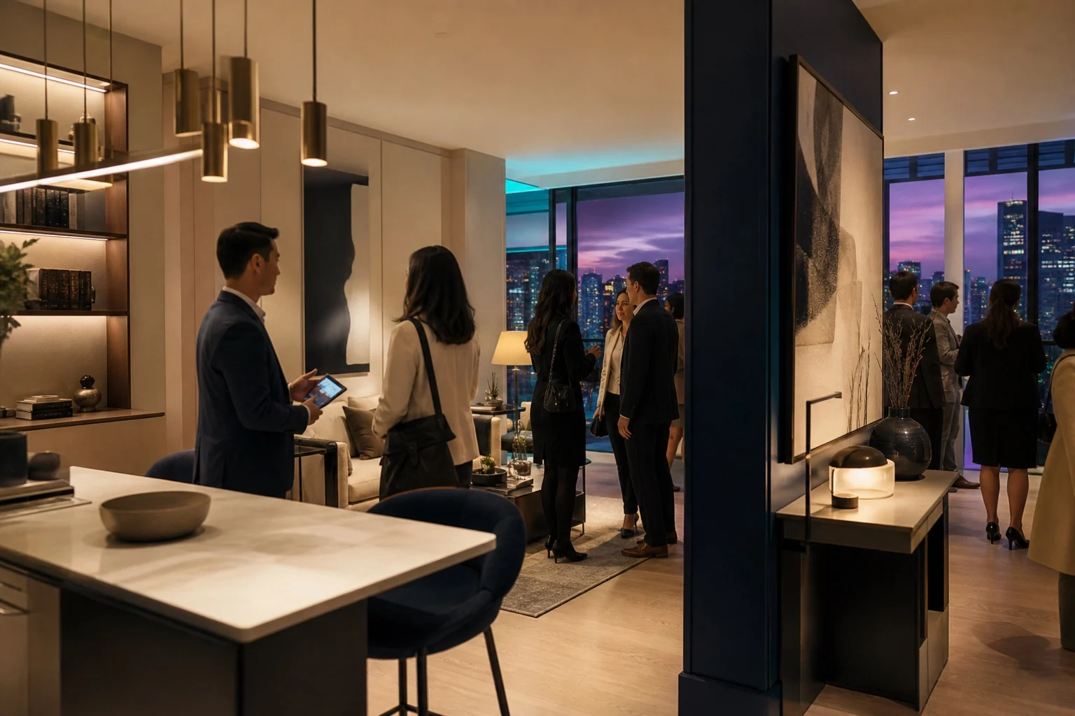 Busy pre-construction open house with buyers touring a staged condo and a sales associate taking interest.
